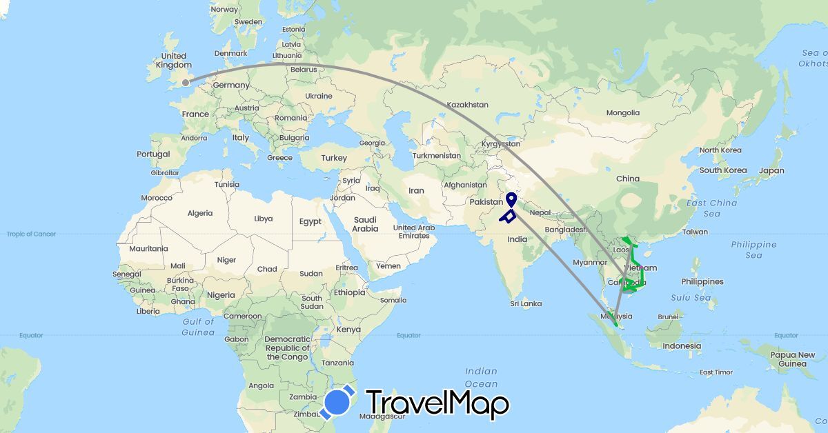 TravelMap itinerary: driving, bus, plane, train, boat in United Kingdom, India, Cambodia, Malaysia, Vietnam (Asia, Europe)